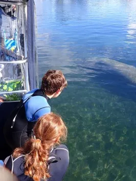 a group of people sitting in front of a body of water